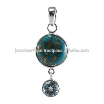 Blue Copper Turquoise e Blue Sky Topaz Gemstone 925 Solid Silver Pendant